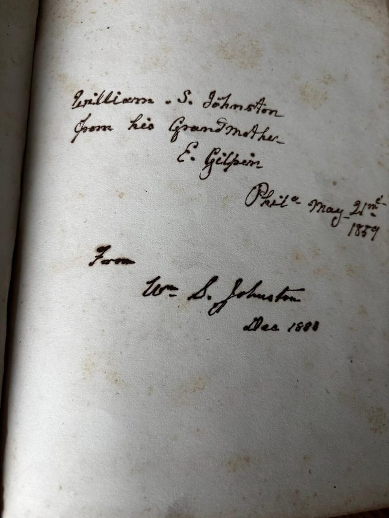 C055 Eliza Gilpin inscription to William Stoddard Johnston II, May 21, 1859