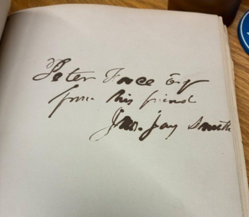 C075 presentation inscription from John Jay Smith to Peter Force