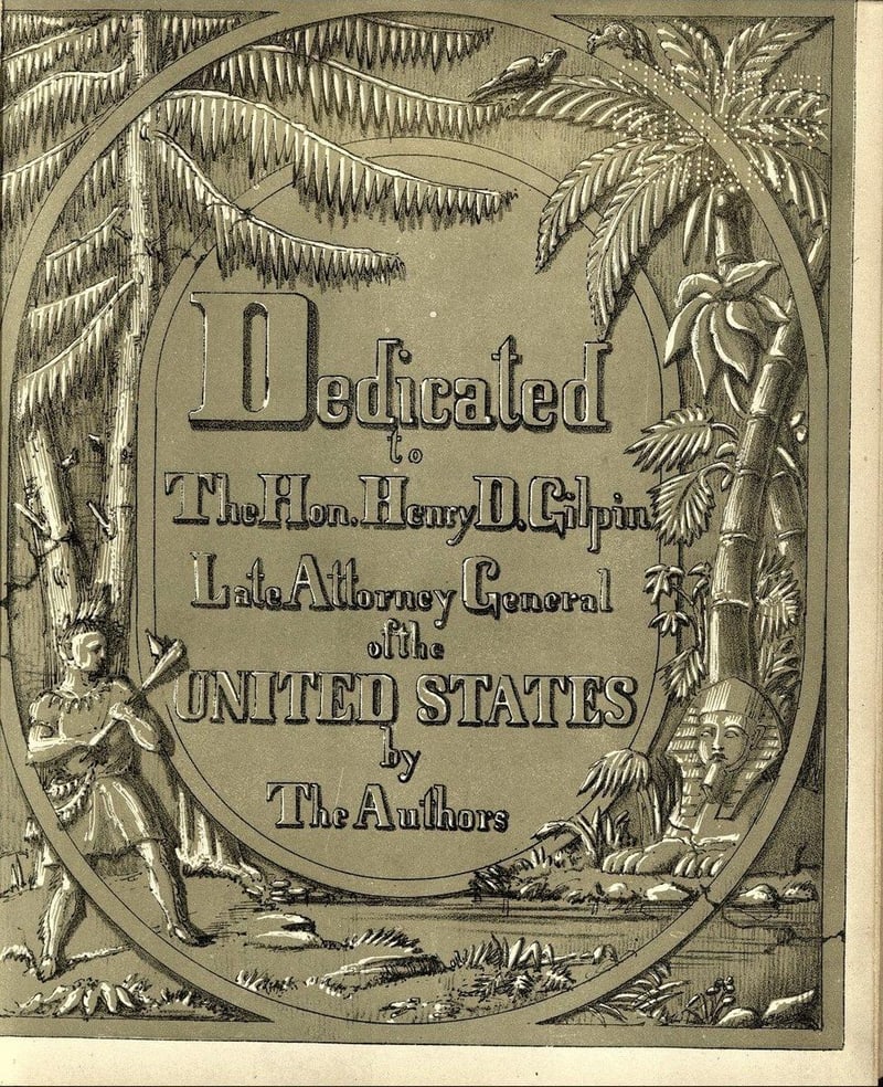 1859 second-edition Gilpin dedication leaf, darker Egyptianizing redesign with palm trees and a sphinx