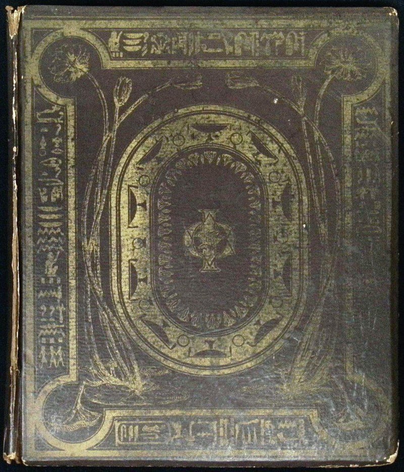 C057 front board, brown decorated boards with scarab-like central emblem