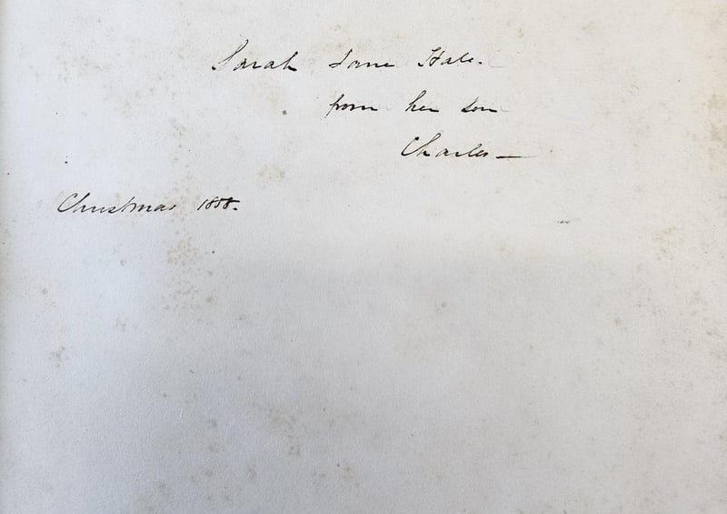 Charles R. Hale's Christmas 1858 inscription to his mother Sarah Jane Hale